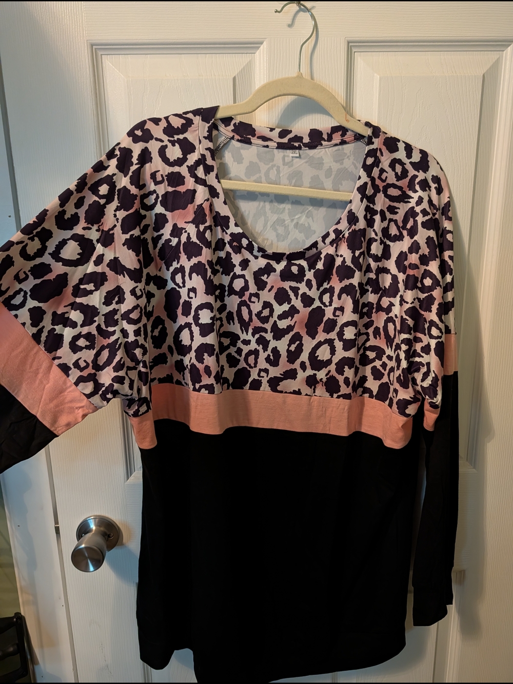 Leopard Print Colorblock Long Sleeve Top - Pink, Purple, Black